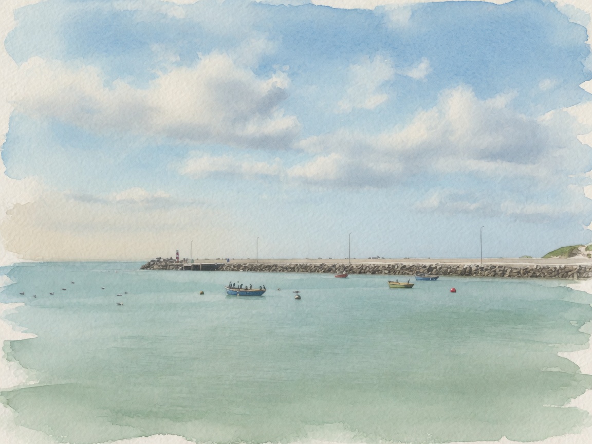 Watercolour painting of a quiet harbour with small boats on still water and a breakwater under a wide sky.