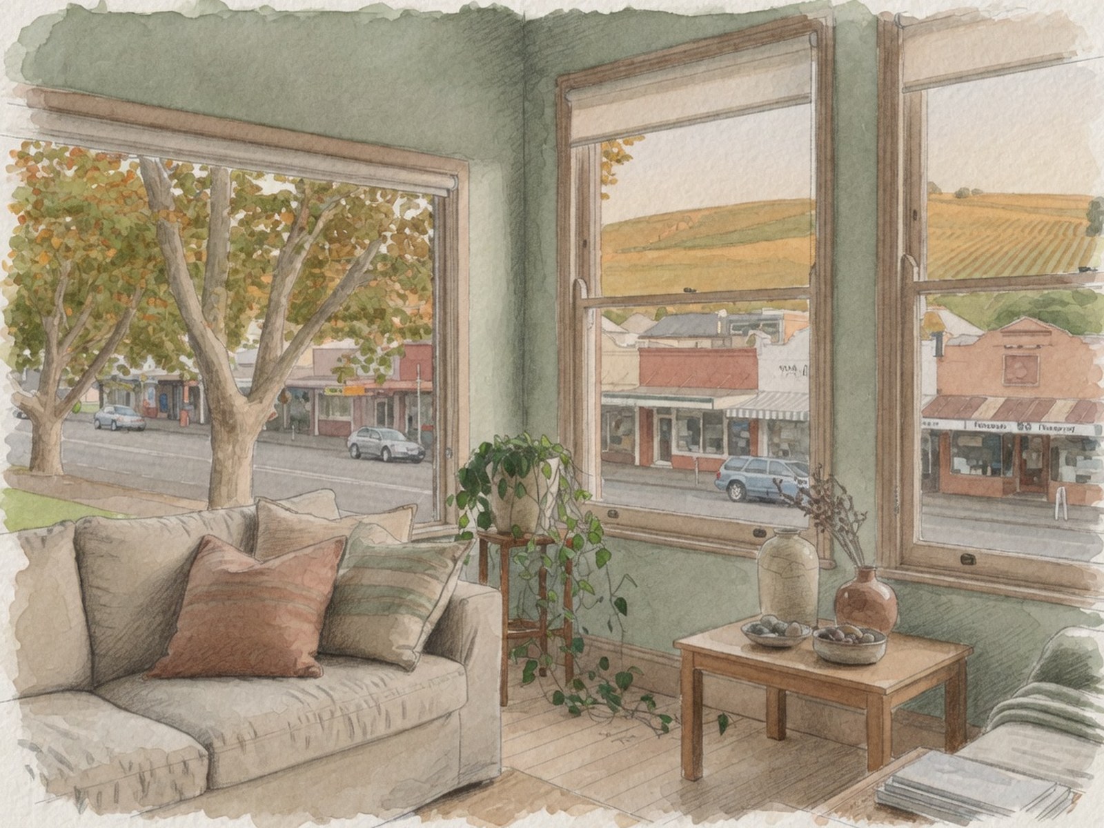 Watercolour drawing of the clinic waiting room looking toward Taradale.