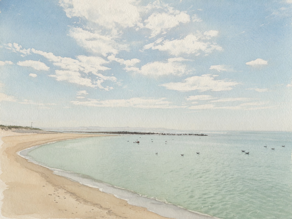 Watercolour painting of a quiet beach and still water with birds under a wide sky.