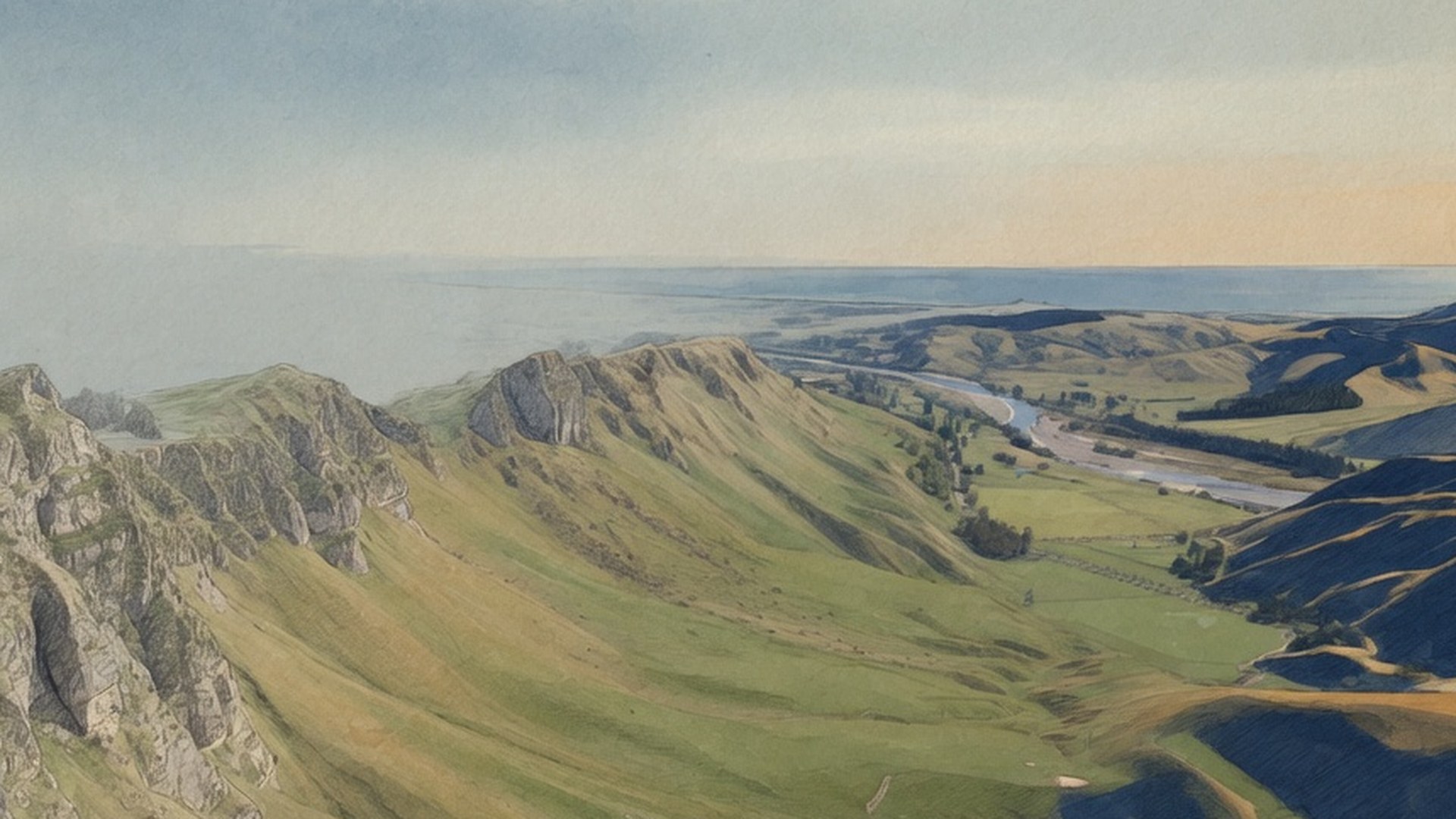 Watercolour landscape of Te Mata Peak looking over the Tukituki valley and Hawke Bay.