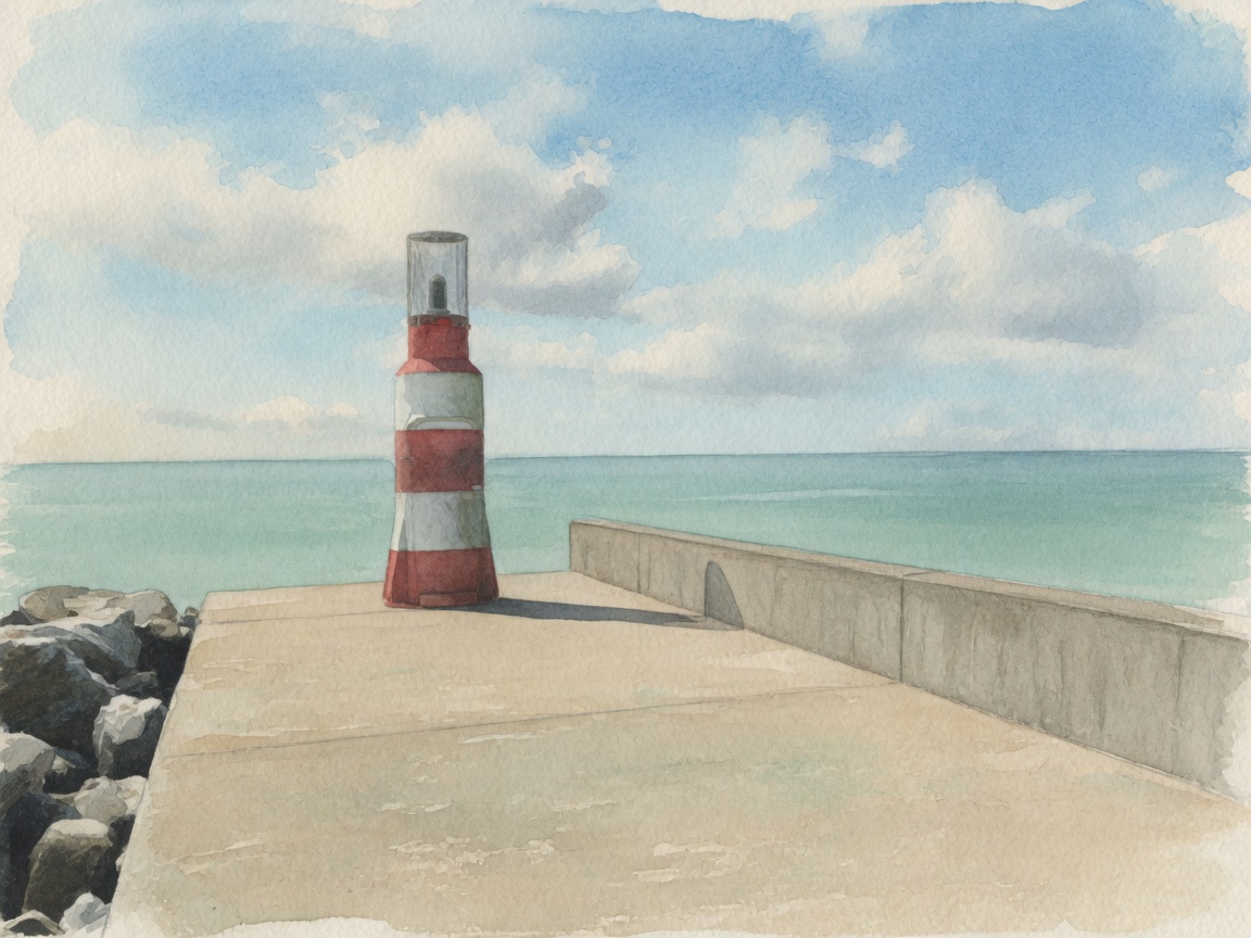 Watercolour painting of a red-and-white harbour light on a breakwater beside a calm sea.