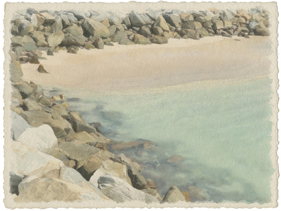 Watercolour painting of clear harbour water meeting a sandy cove between rocks.